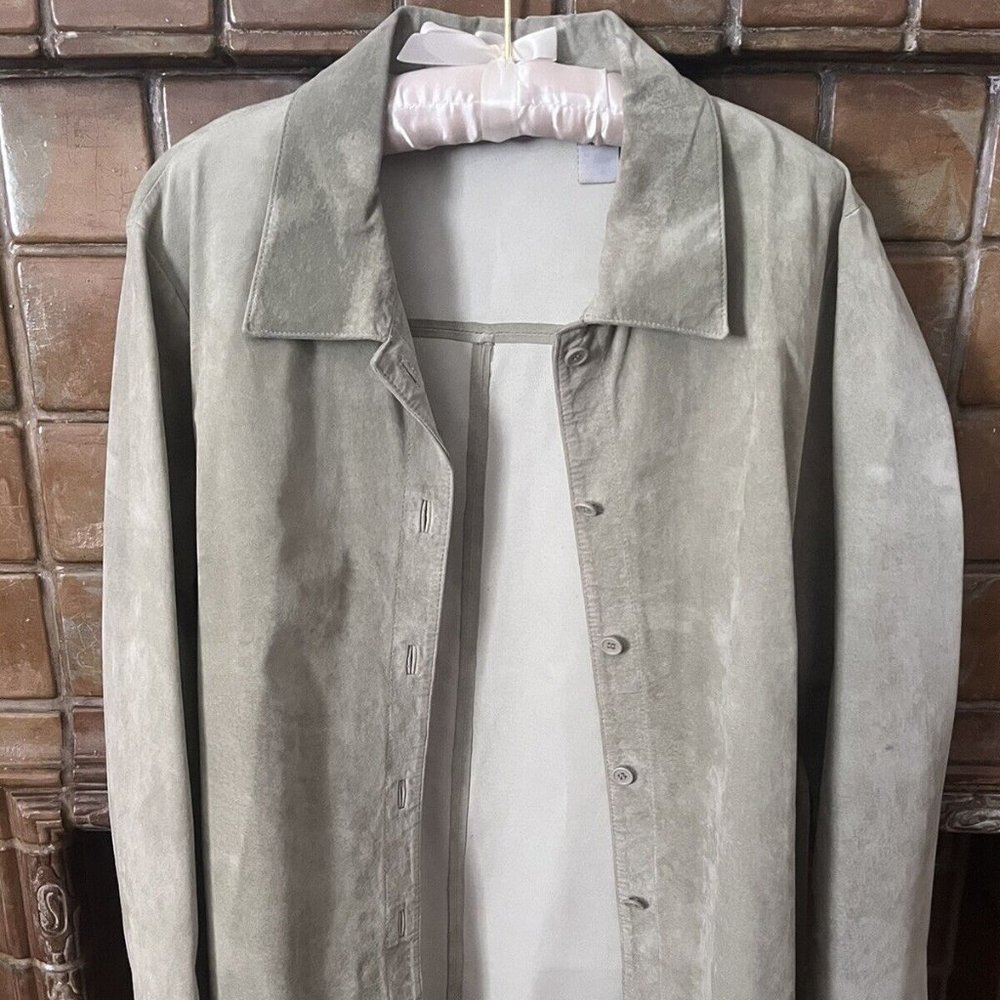 DRAPERS AND DAMONS MINT GREEN BUTTONDOWN LEATHER SUEDE COAT